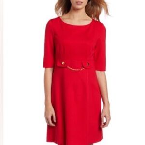 TRINA TURK RED A-LINE DRESS WITH GOLD CHAIN